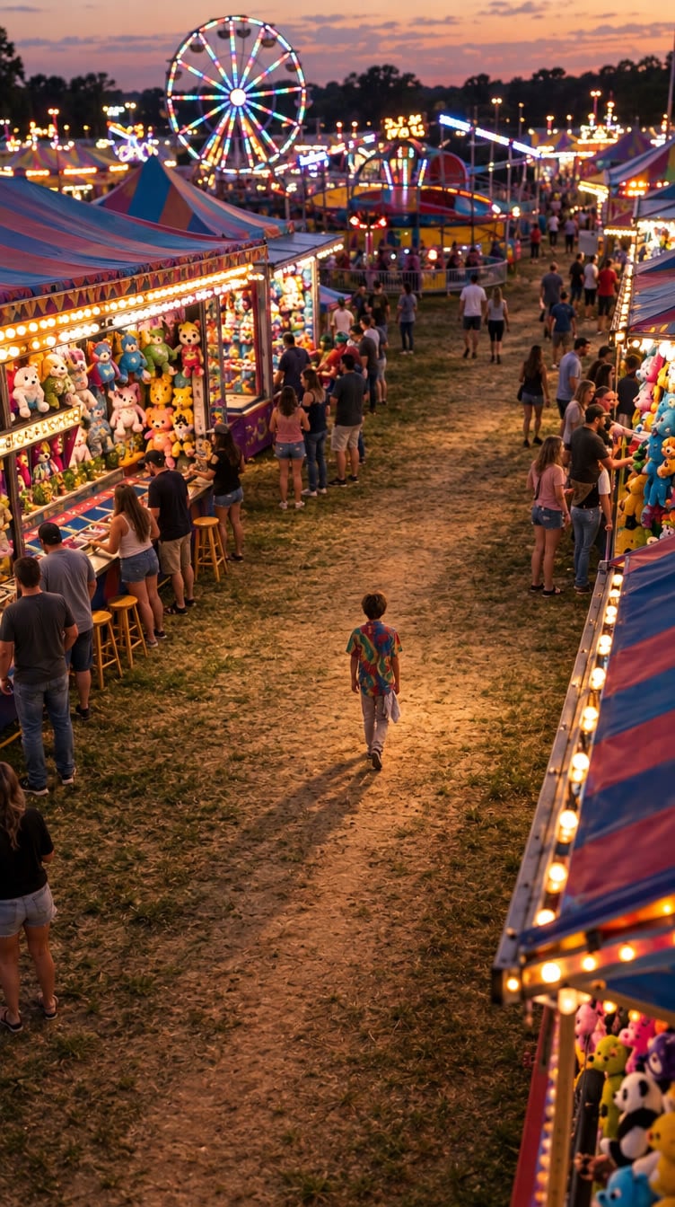 A carnival midway at dusk with a ferris wheel and lit booths, a child walking alone between them