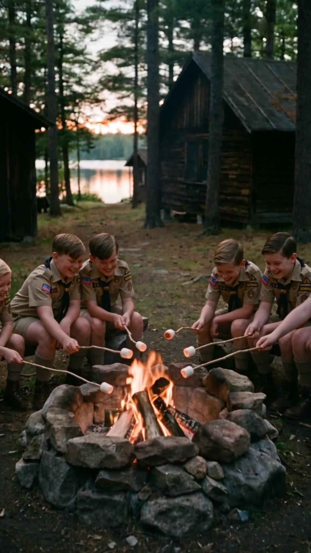 Boys roasting marshmallows at a campfire at dusk as an adult leader steps in - Ankin Law dramatization