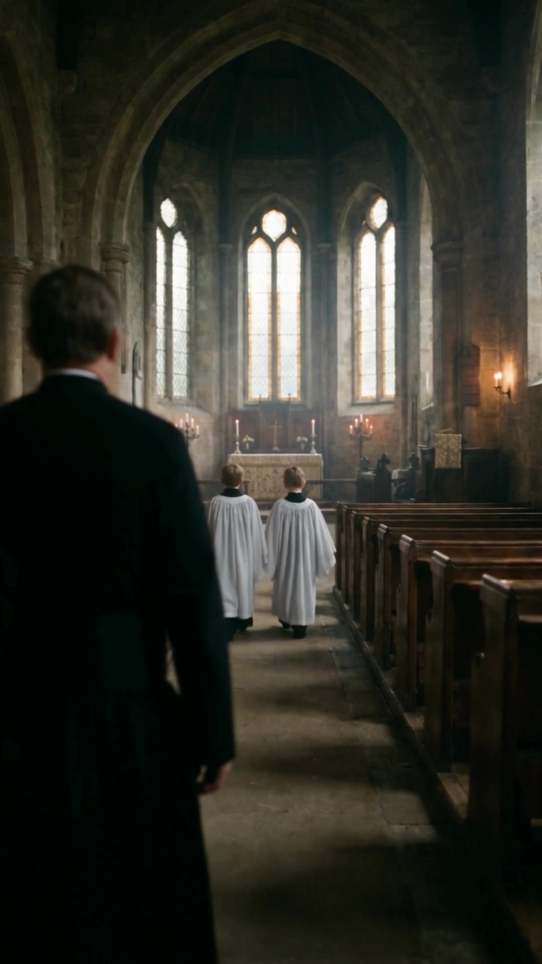 A man in a black cassock, seen from behind, following two altar boys in white down a church aisle - Ankin Law dramatization