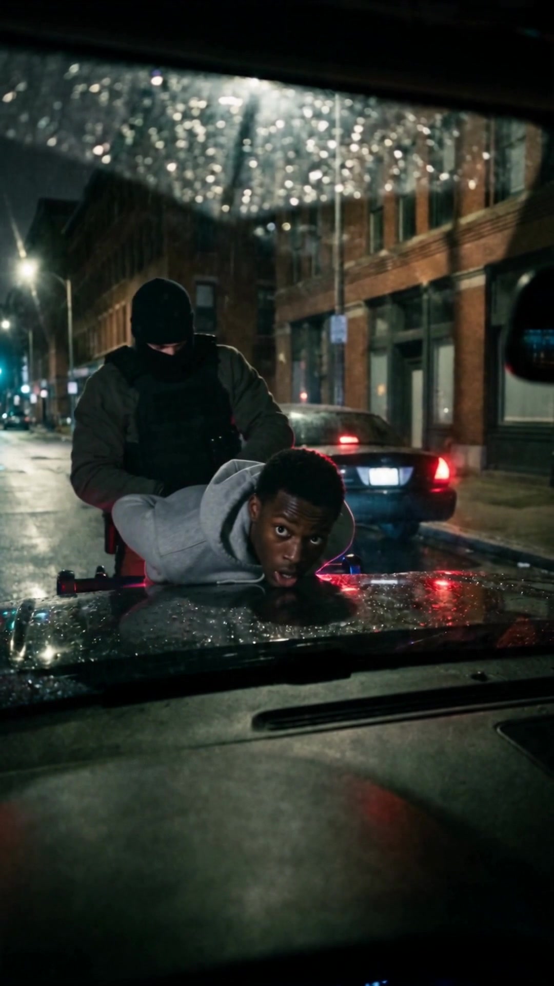 A young man pinned face-down on the hood of a law-enforcement vehicle by a masked ICE agent at night - Ankin Law dramatization