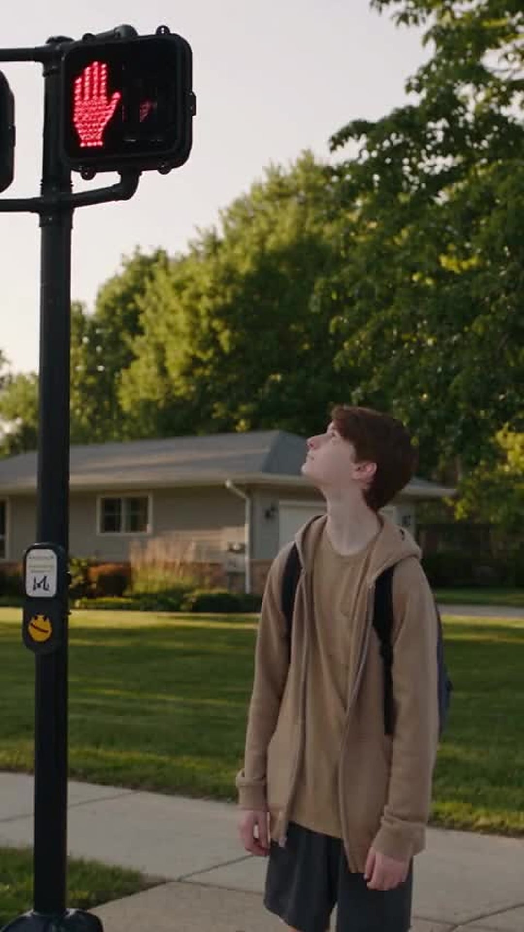 A teenager waiting at a marked crossing while the pedestrian signal shows a red hand - Ankin Law dramatization