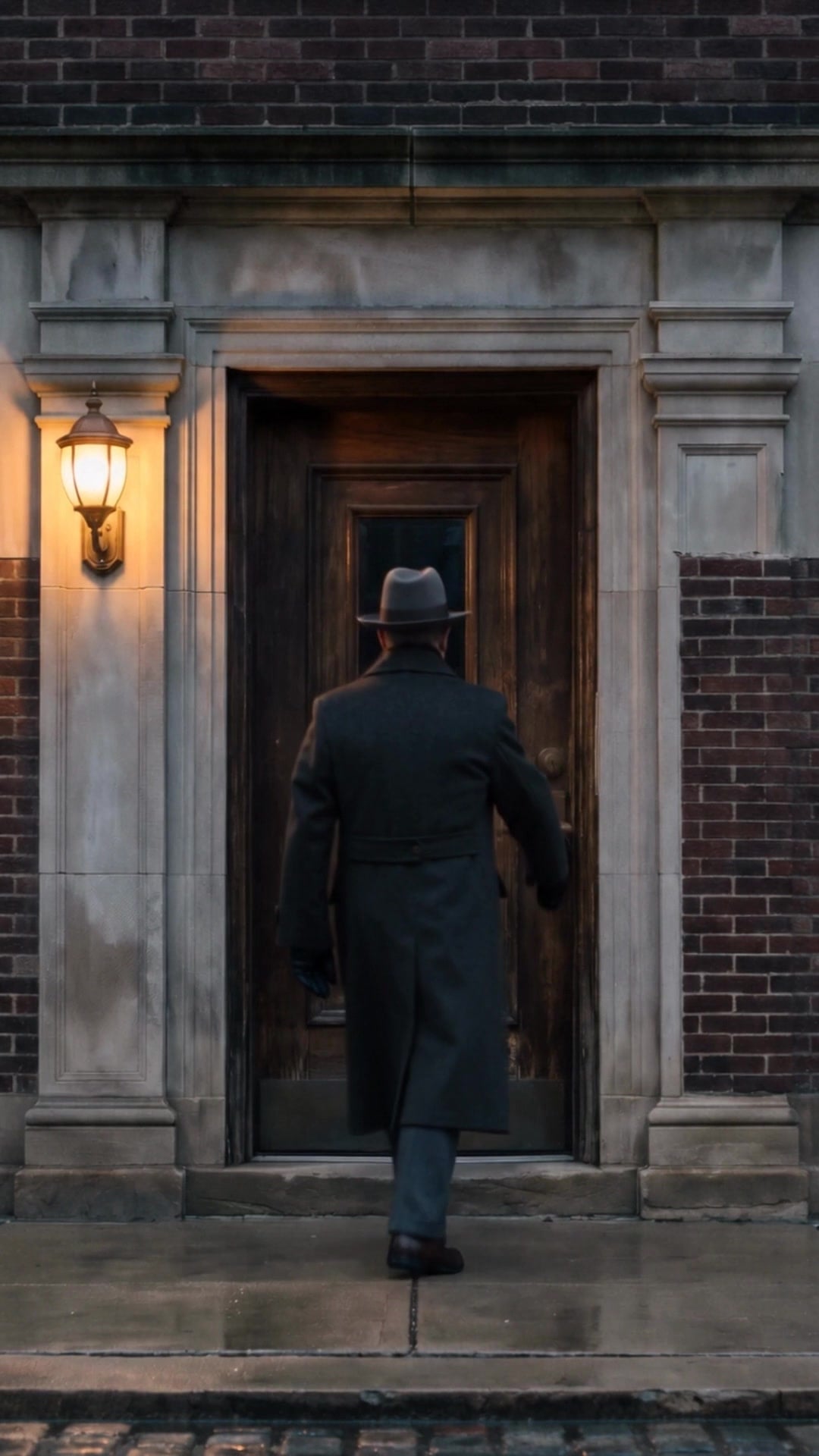 A man in a dark overcoat and hat, seen from behind, pushing open the front door of a brick apartment building at dusk - Ankin Law dramatization