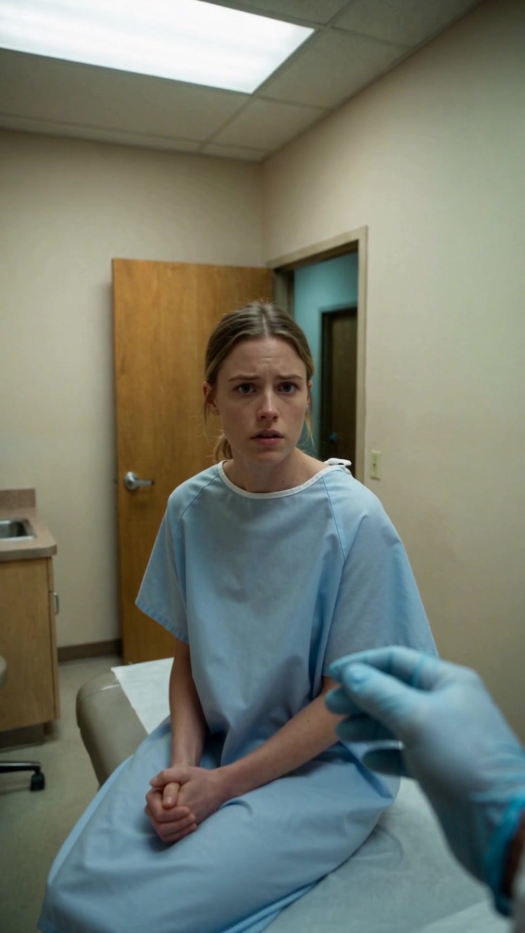 A frightened young woman in a hospital gown on an exam table as a gloved hand reaches toward her - Ankin Law dramatization