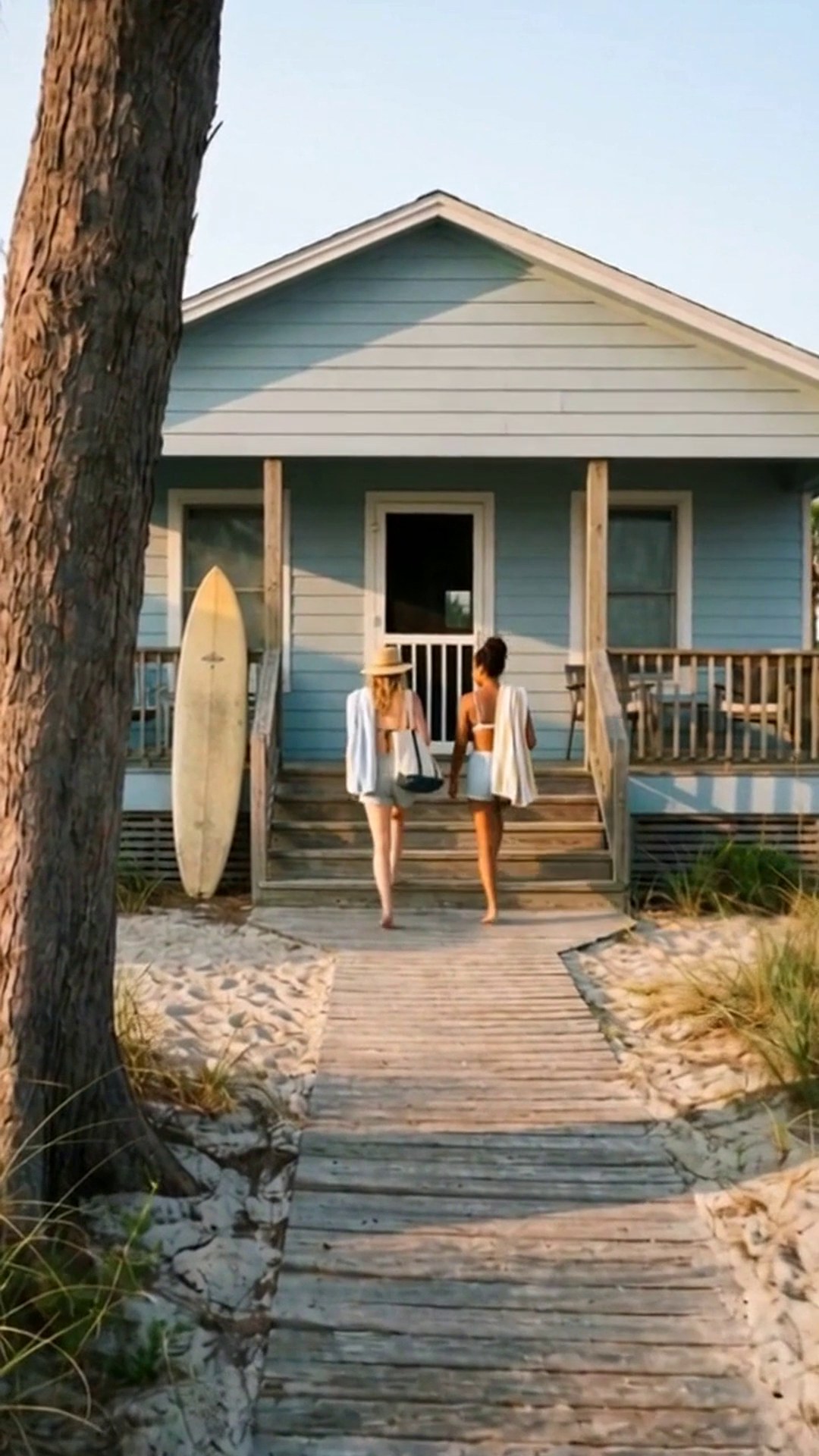 Two friends with beach bags walking up the boardwalk to the porch of a blue vacation rental cottage - Ankin Law dramatization