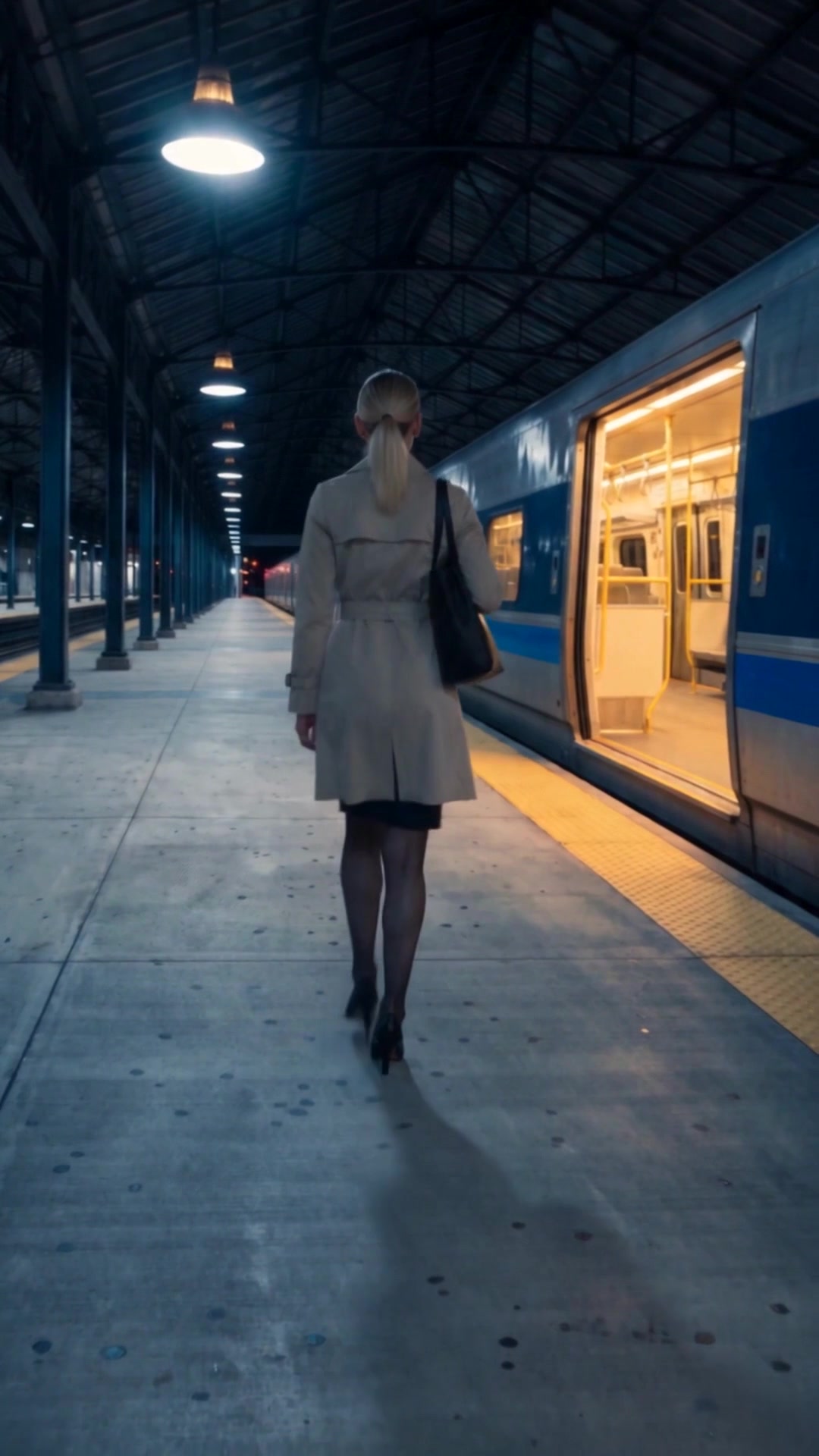 A woman in a trench coat walking alone down an empty station platform beside a lit commuter train at night - Ankin Law dramatization