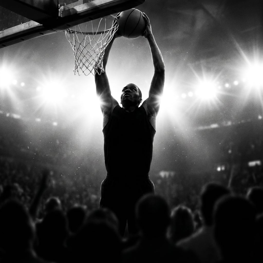 A basketball player rising for a dunk against blinding arena lights