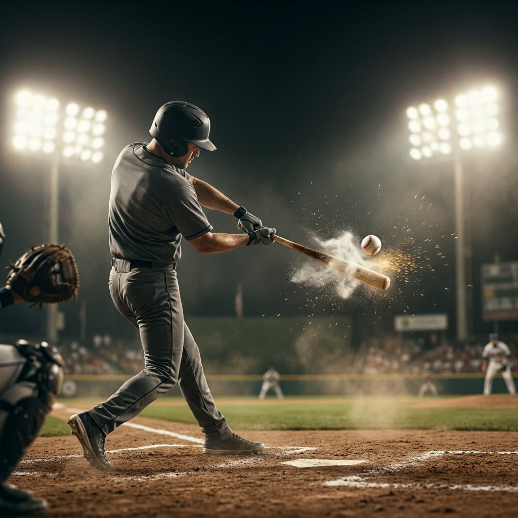 A batter driving the ball on a summer night under floodlights