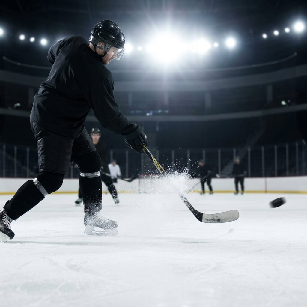 A hockey player unloading a slapshot, ice spraying off the blade