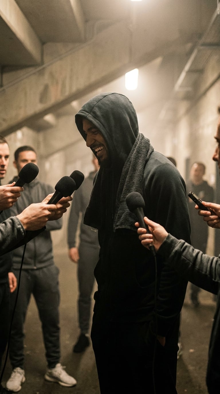 An athlete in a hoodie laughing in a stadium corridor as microphones are held out to him