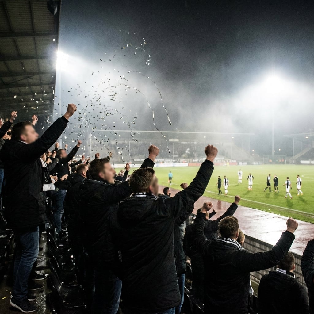 Fans going wild in the stands at night as confetti falls through the lights