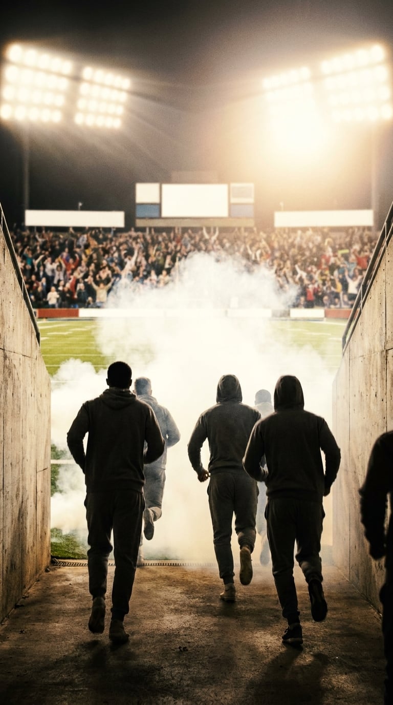 Players running out onto the field into floodlights and smoke, seen from behind