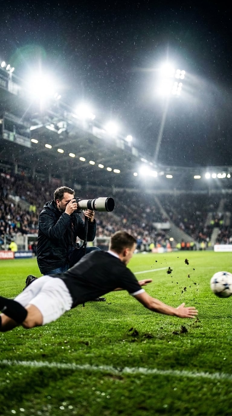 A photographer on the sideline as a player dives for the ball under floodlights