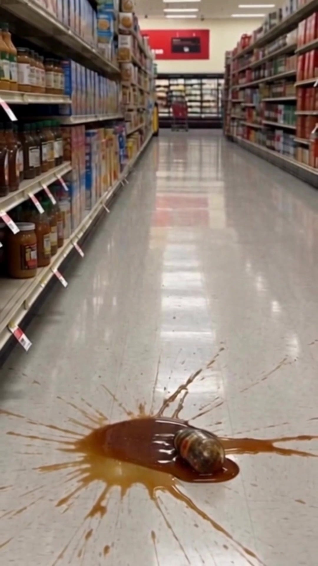 A syrup bottle broken open in a pool across the aisle of a Chicago big box store - Ankin Law dramatization