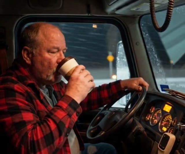 A semi truck driver steering one-handed and drinking coffee in a blizzard - Ankin Law dramatization