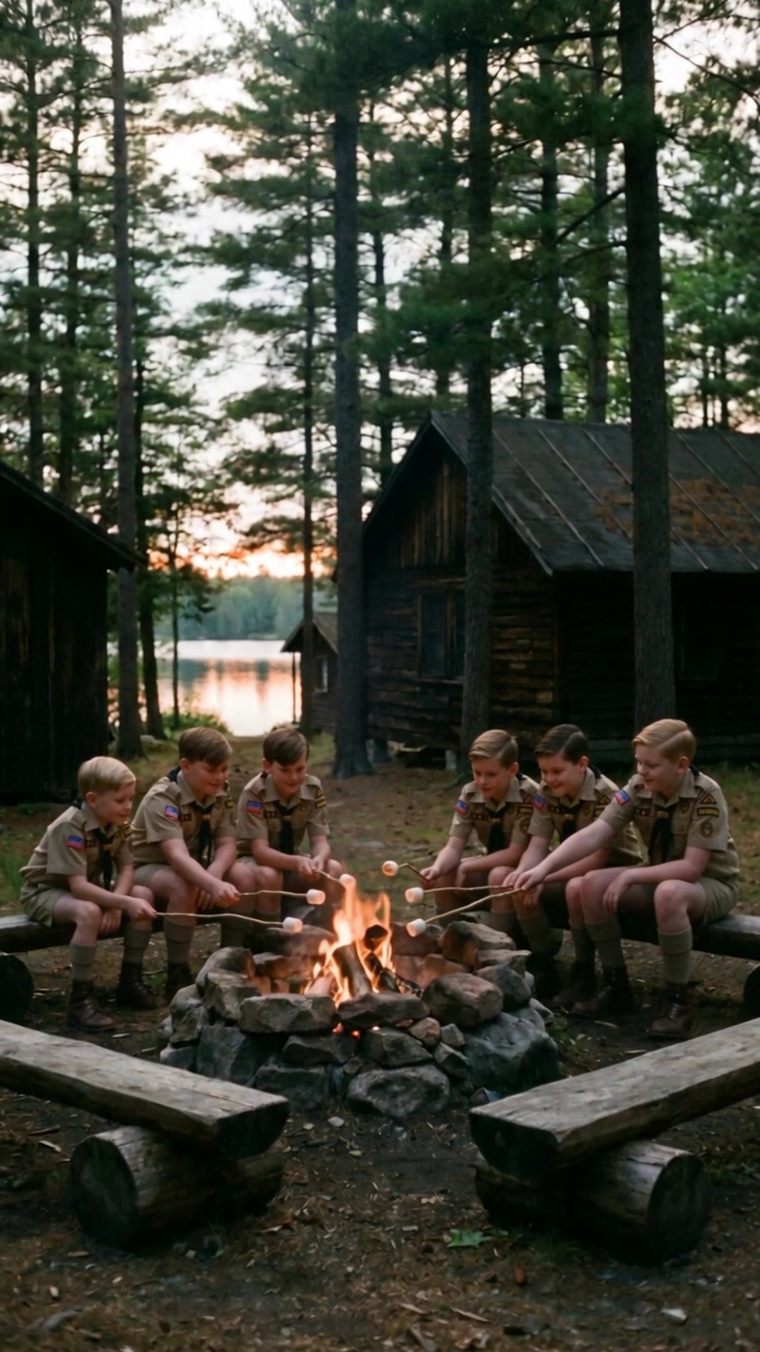 Boys around a campfire at dusk with log cabins and a lake behind them - Ankin Law dramatization
