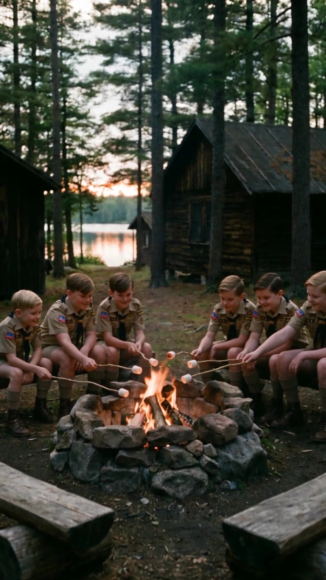 Boys of ten to twelve roasting marshmallows at a campfire - Ankin Law dramatization