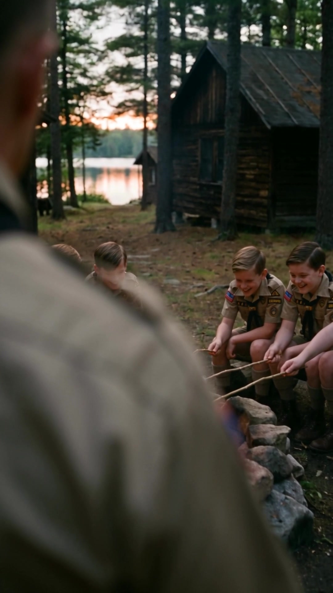 An adult leader, seen from behind, stepping toward boys at a campfire - Ankin Law dramatization