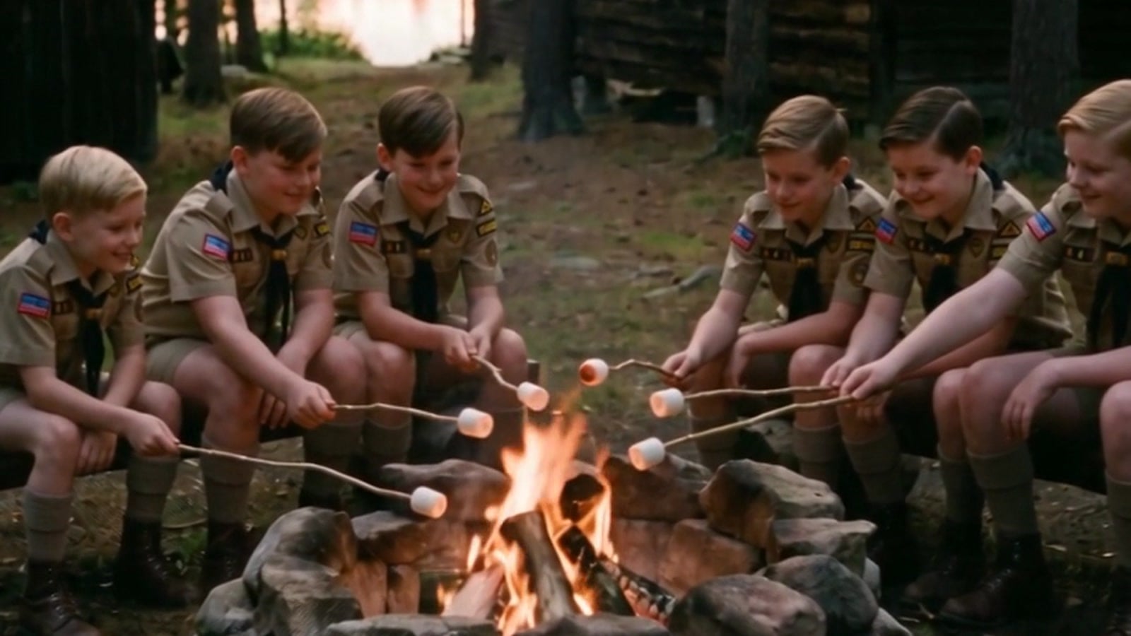 Boys roasting marshmallows around a campfire at dusk