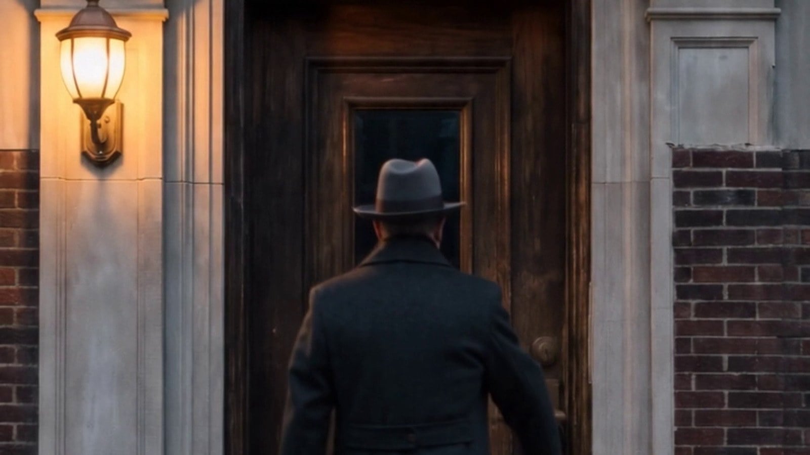 A man in a dark overcoat and hat pushing open the front door of a brick apartment building