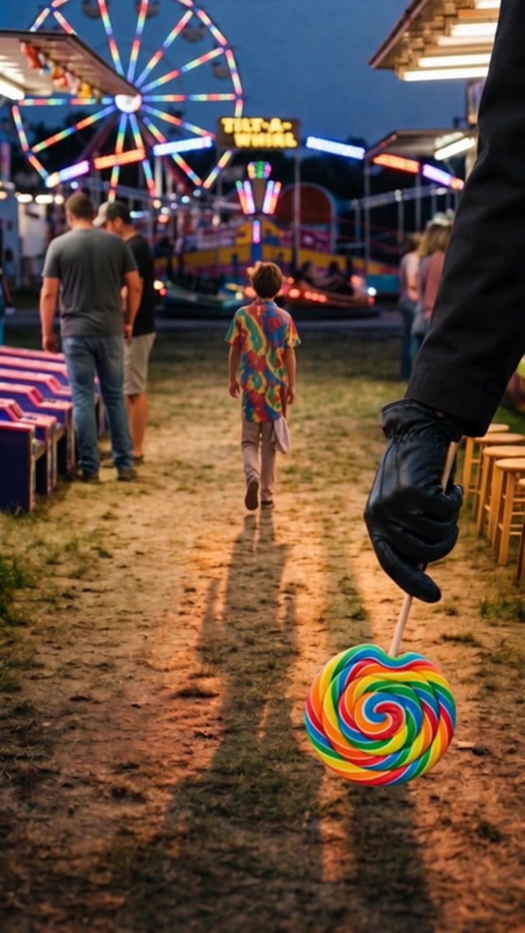 A black-gloved hand holding a rainbow lollipop out behind a boy walking alone down a carnival midway at dusk - Ankin Law dramatization