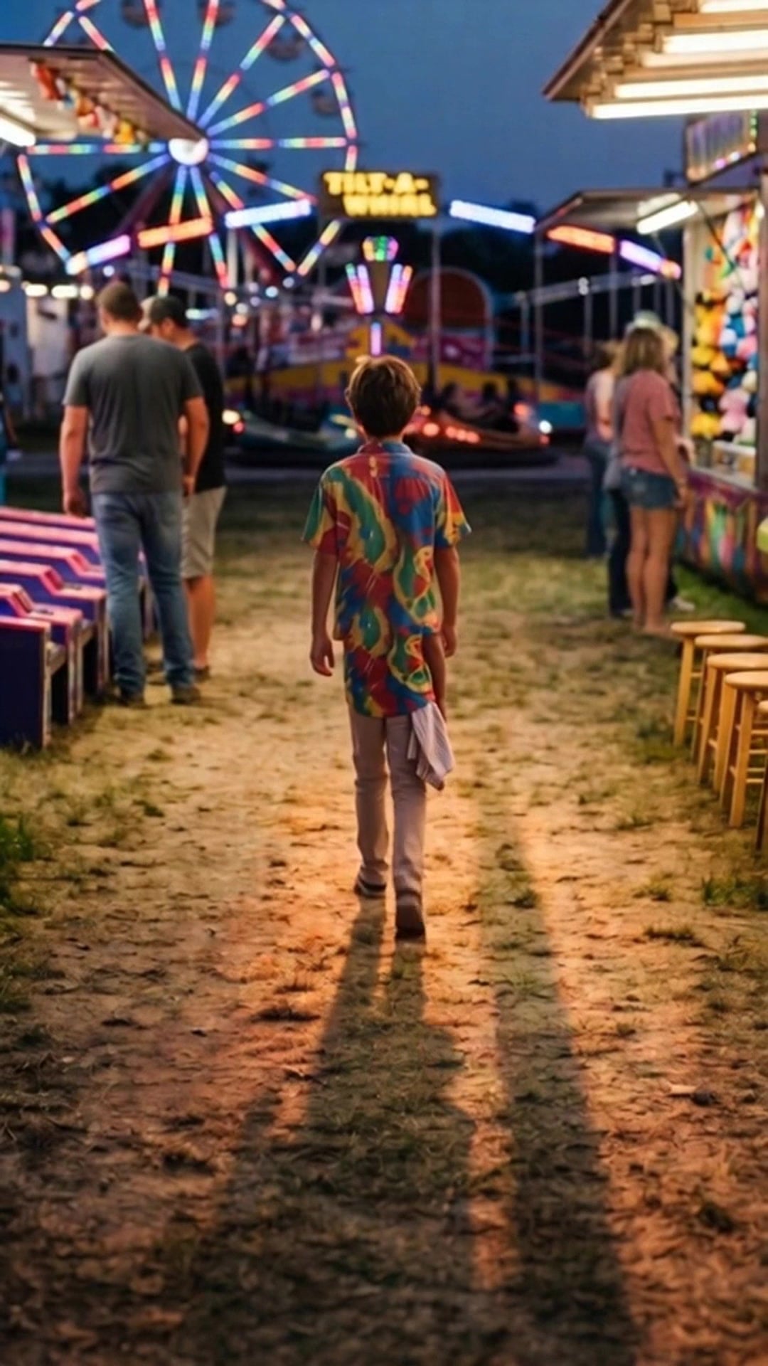 A boy walking alone down a carnival midway past adults who are looking the other way - Ankin Law dramatization