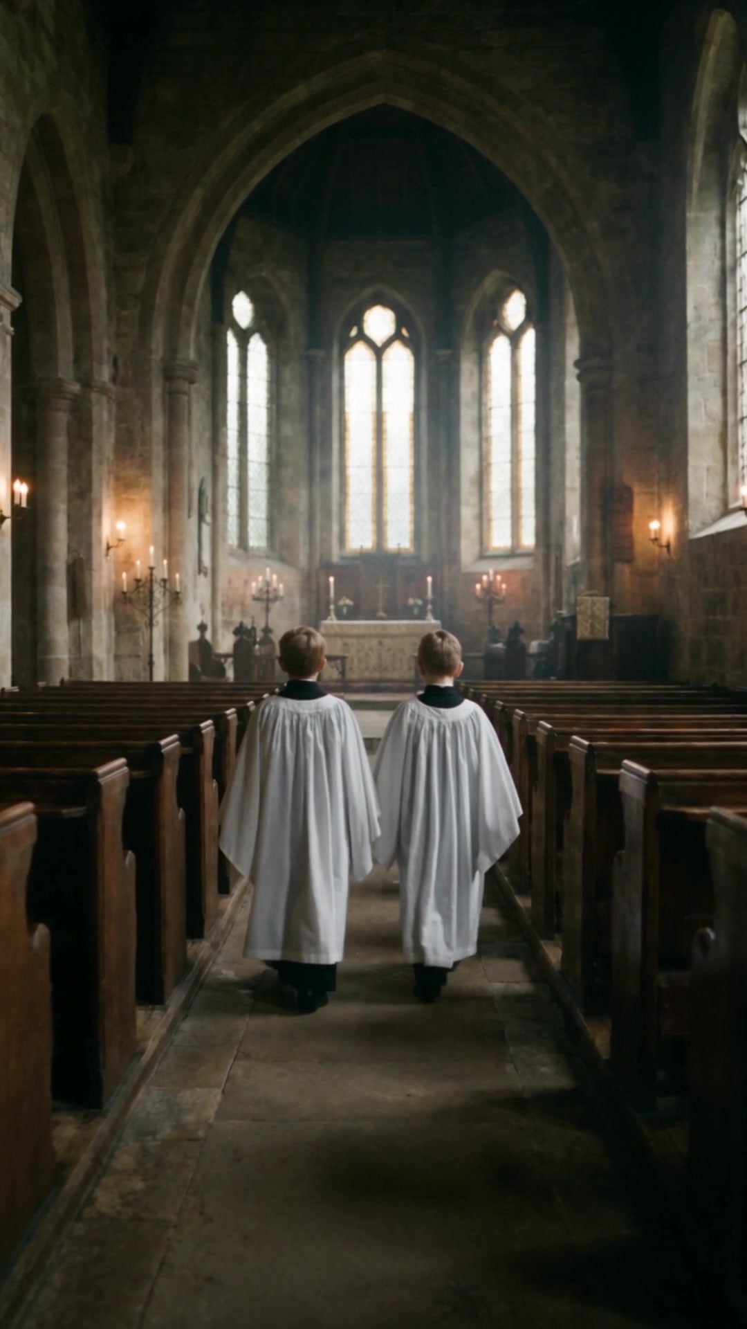 Two altar boys in white robes walking down the aisle of a stone church - Ankin Law dramatization