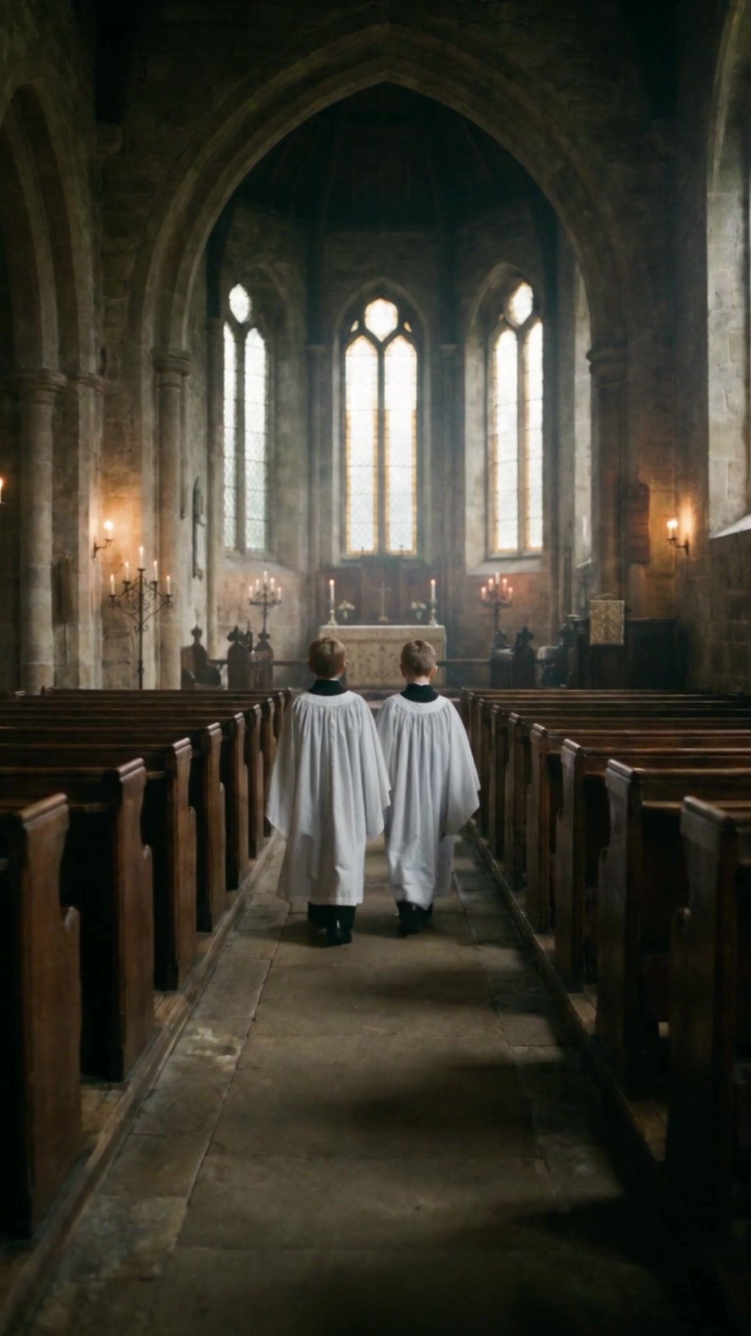 Two altar boys in white walking toward the altar between rows of empty pews - Ankin Law dramatization