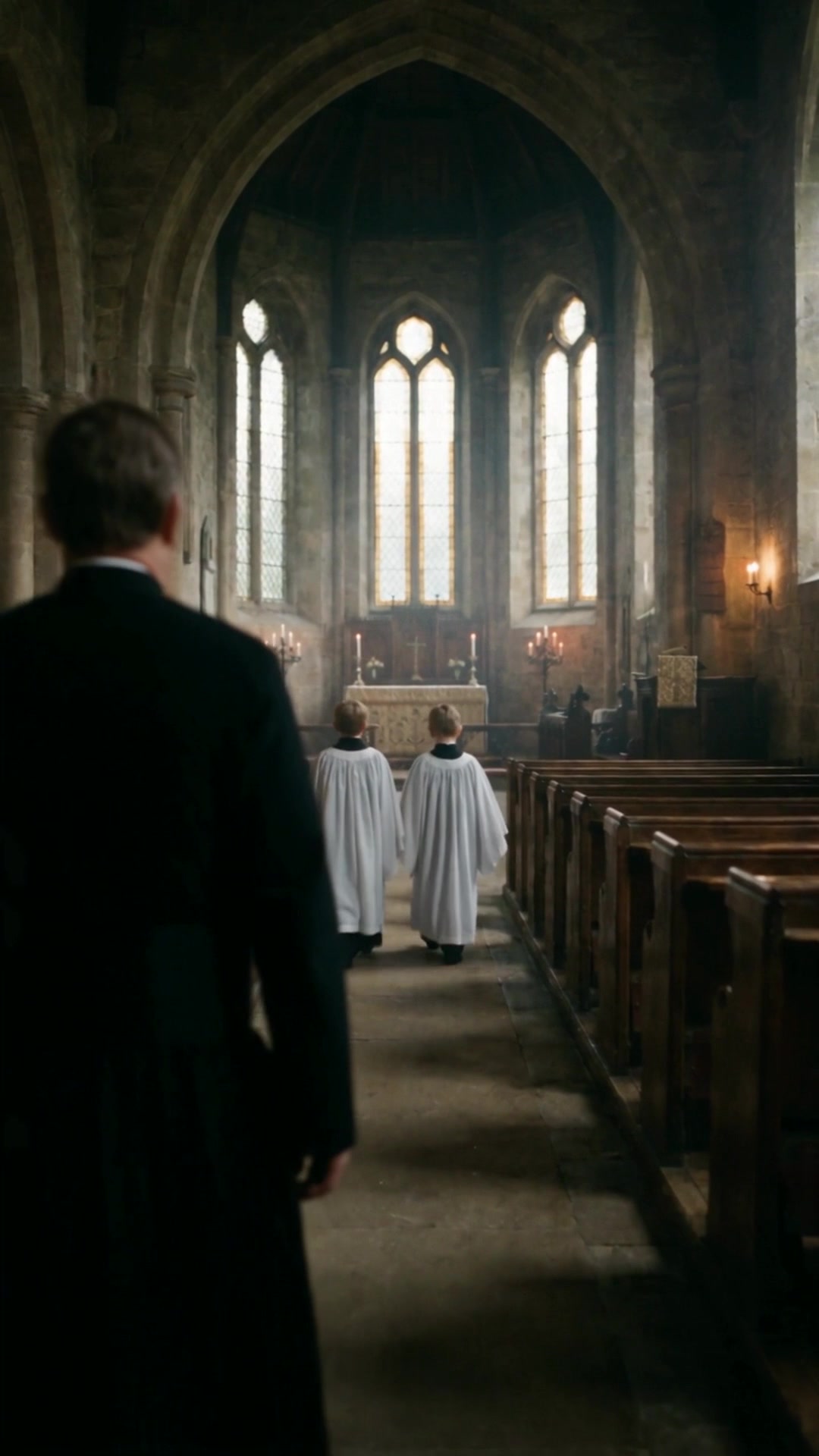 A man in a black cassock, seen from behind, following two altar boys toward the altar - Ankin Law dramatization