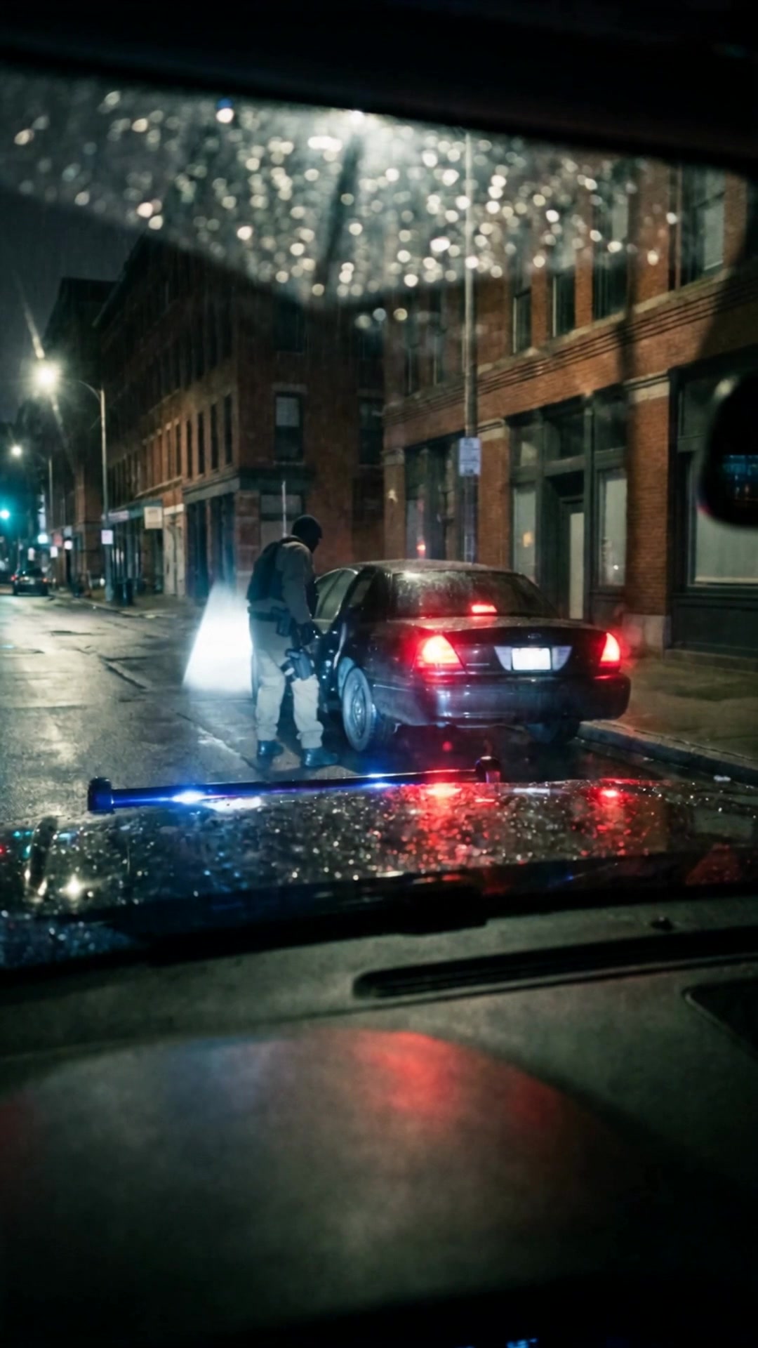 A stopped car seen through the rain-spattered windshield of a law-enforcement vehicle at night - Ankin Law dramatization