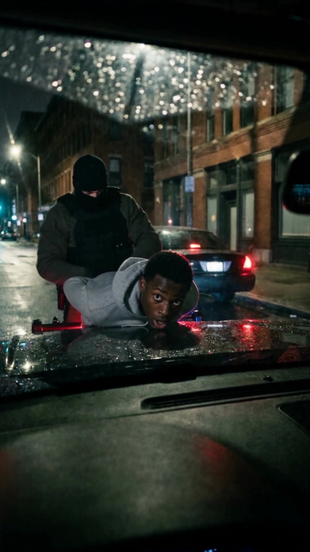 A young man pinned face-down on the hood of a law-enforcement vehicle by a masked ICE agent - Ankin Law dramatization
