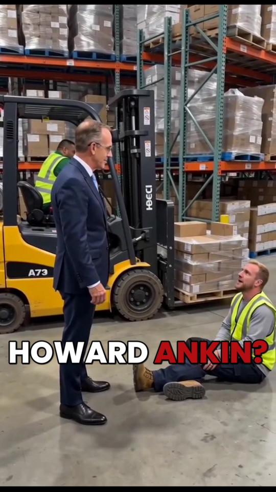 Injured warehouse worker Marek sitting on warehouse floor after forklift clip