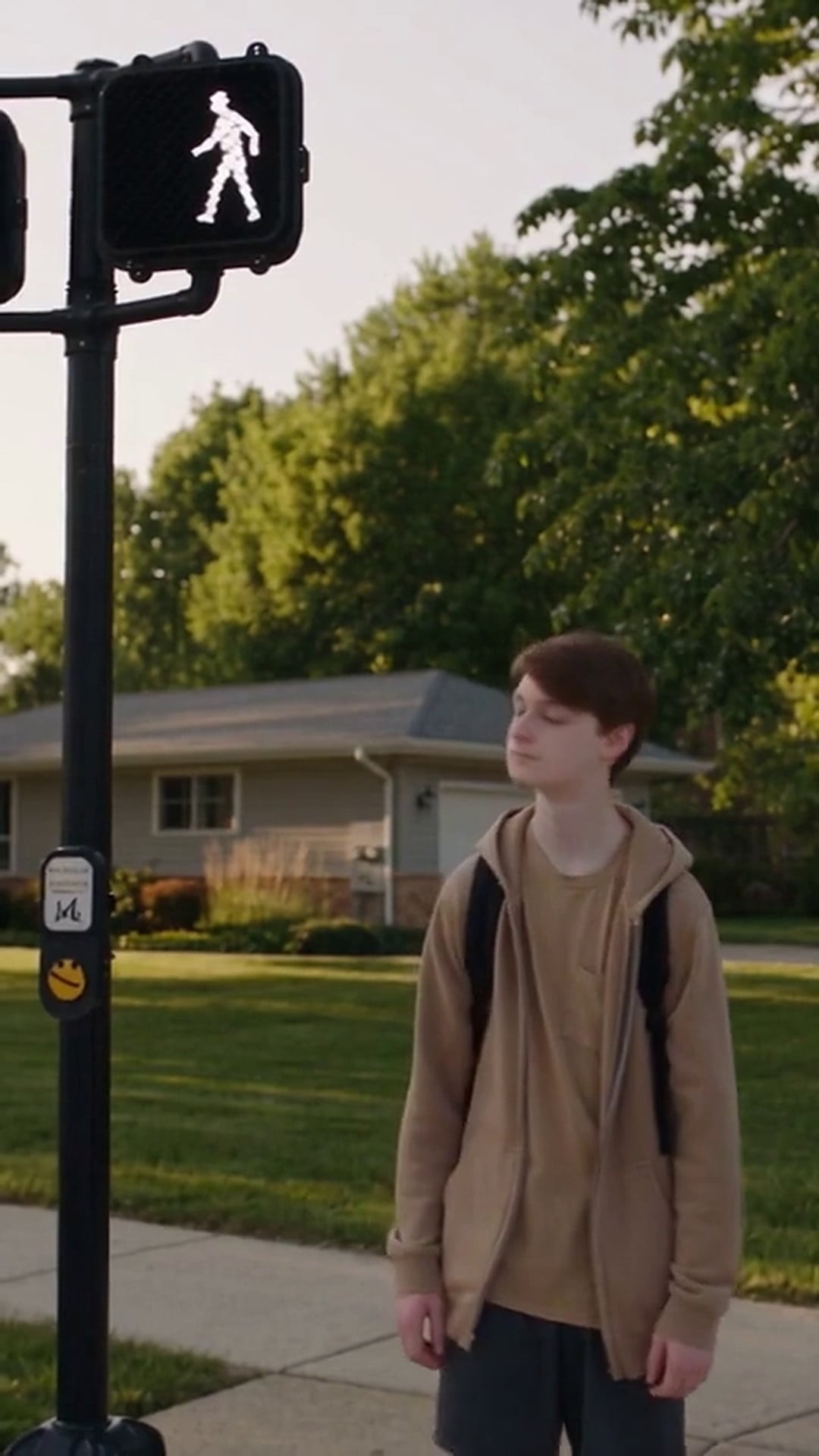 A pedestrian signal showing the walk symbol at a marked crossing on a Chicago residential street - Ankin Law dramatization