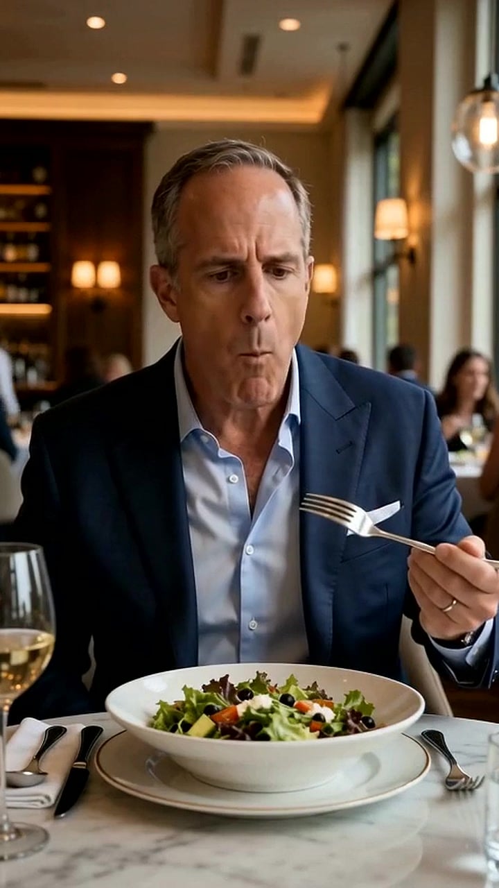 Diner lifting a forkful of salad at an upscale restaurant - Ankin Law dramatization