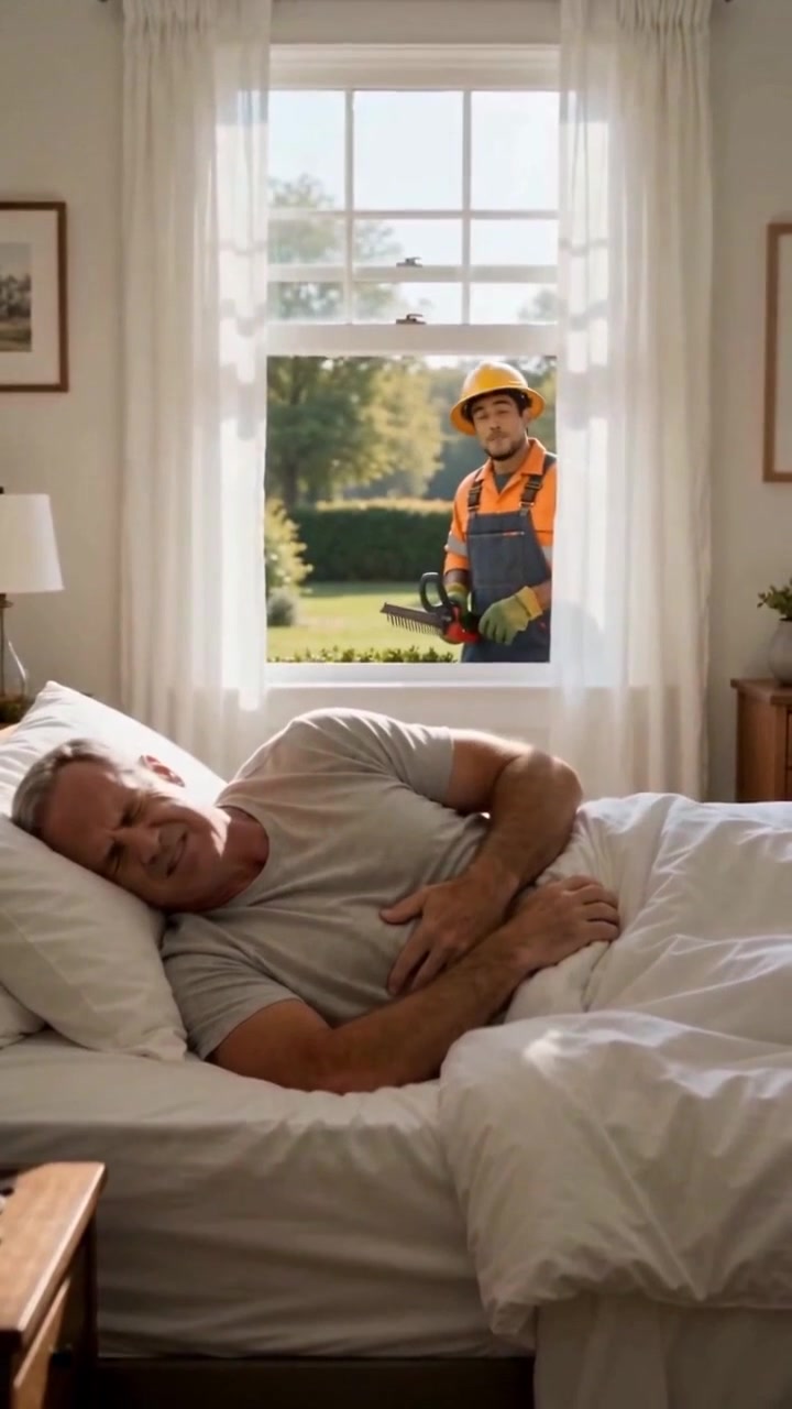 Man in bed with severe stomach cramps days after a restaurant meal - Ankin Law dramatization