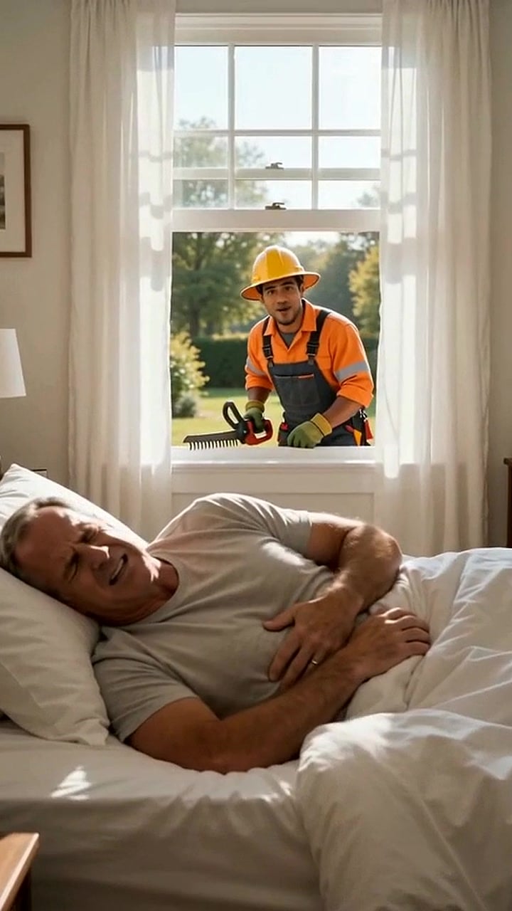 Man in bed with severe stomach cramps days after a restaurant meal - Ankin Law dramatization