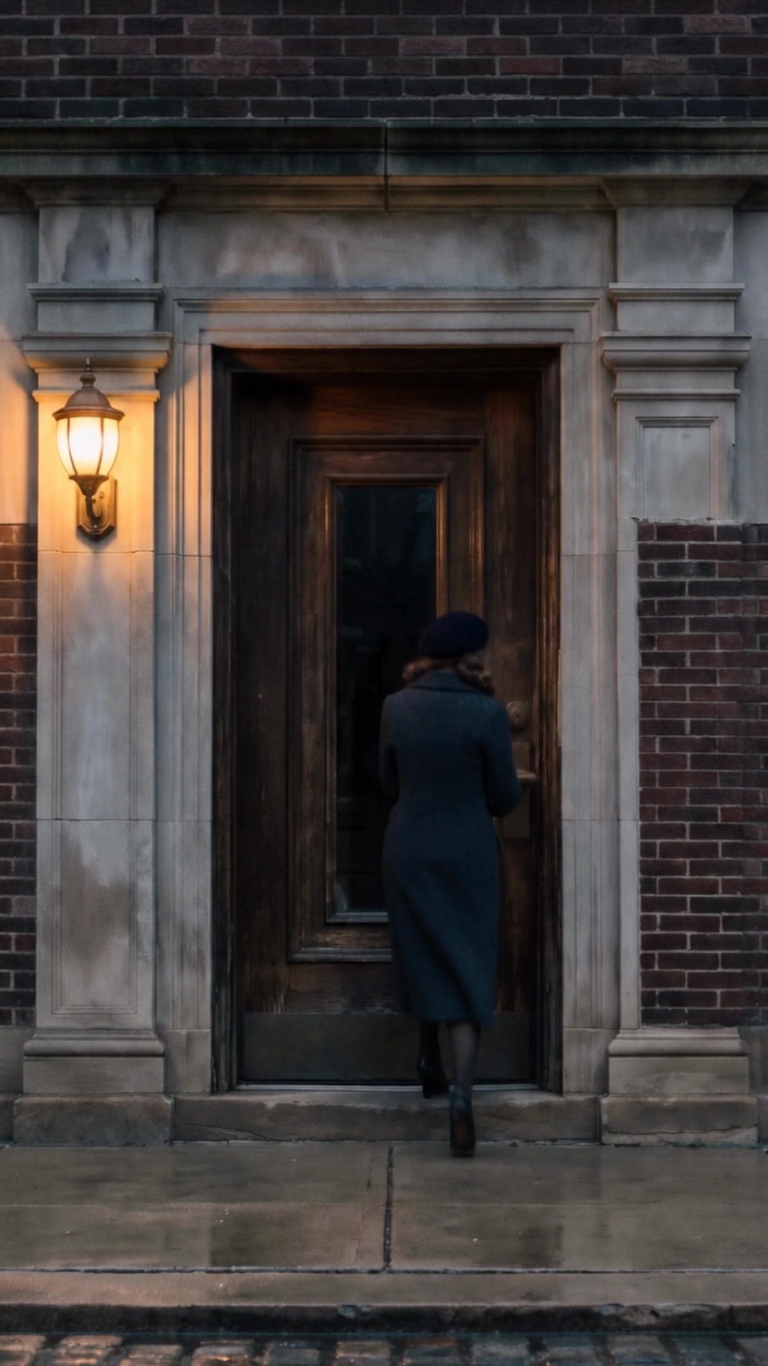 A woman, seen from behind, letting herself in at the front door of a brick apartment building at dusk - Ankin Law dramatization