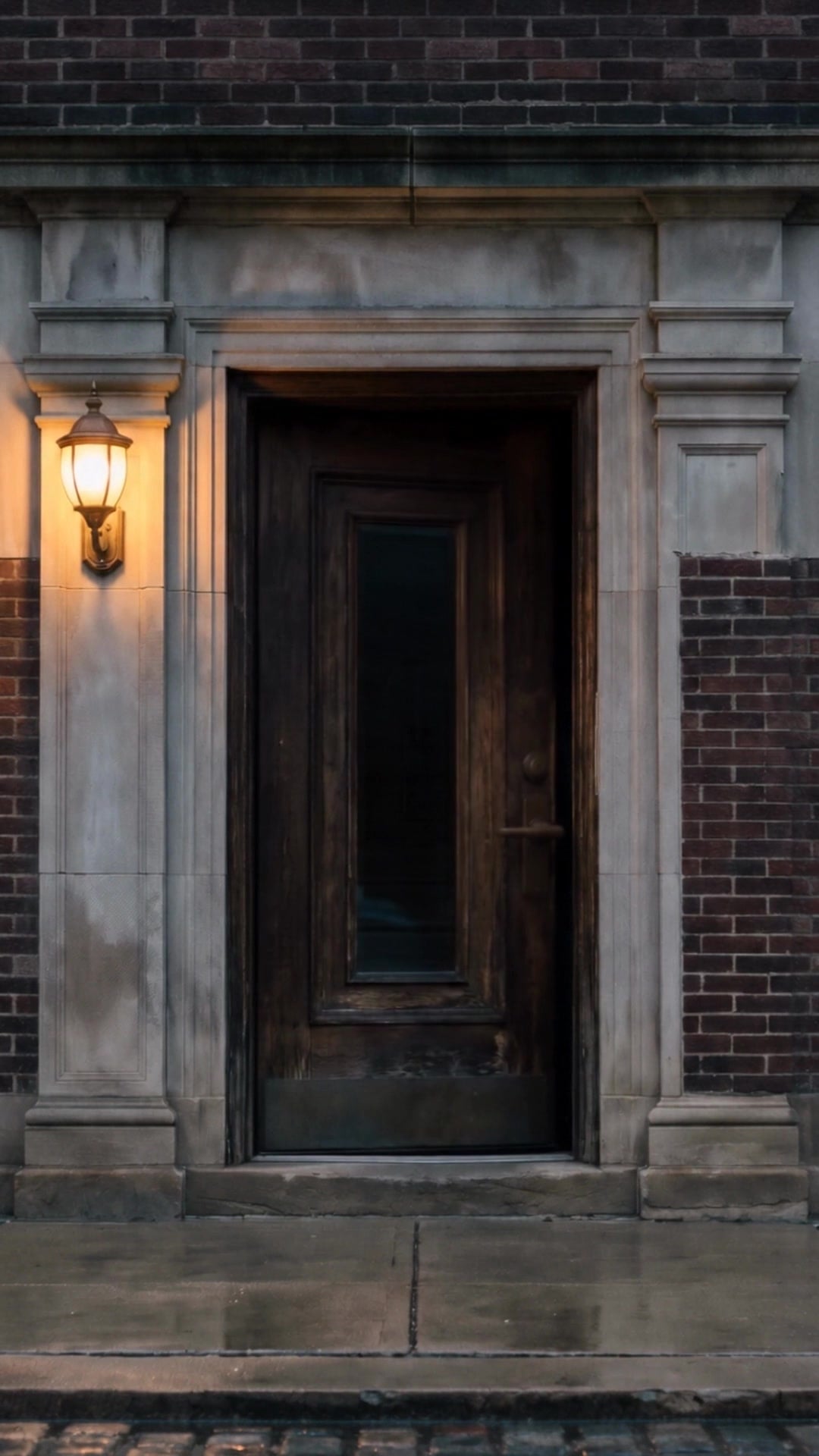 The closed wooden front door of a vintage brick apartment building at dusk - Ankin Law dramatization