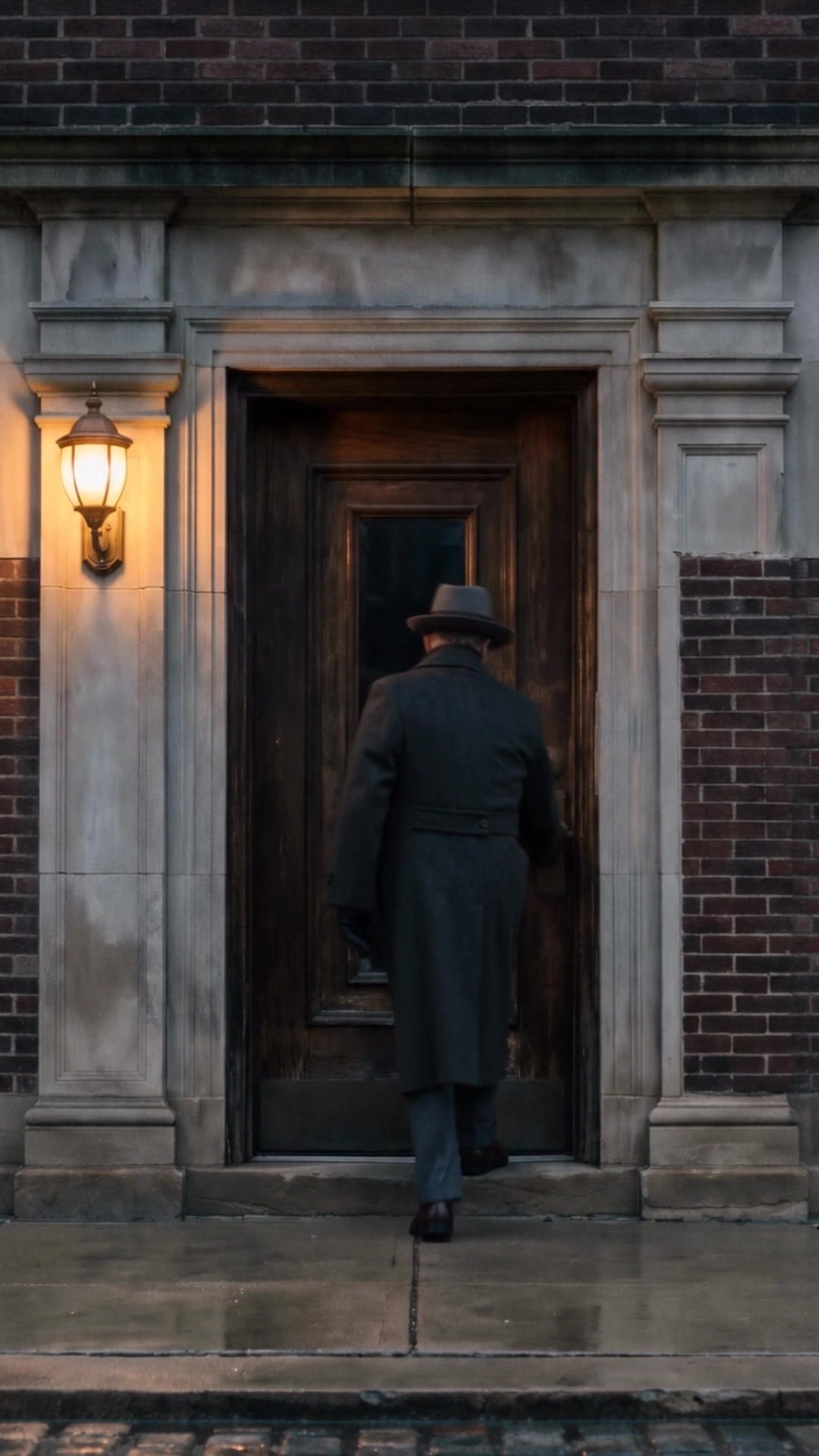 A man in a dark overcoat, seen from behind, pushing open an apartment building door - Ankin Law dramatization