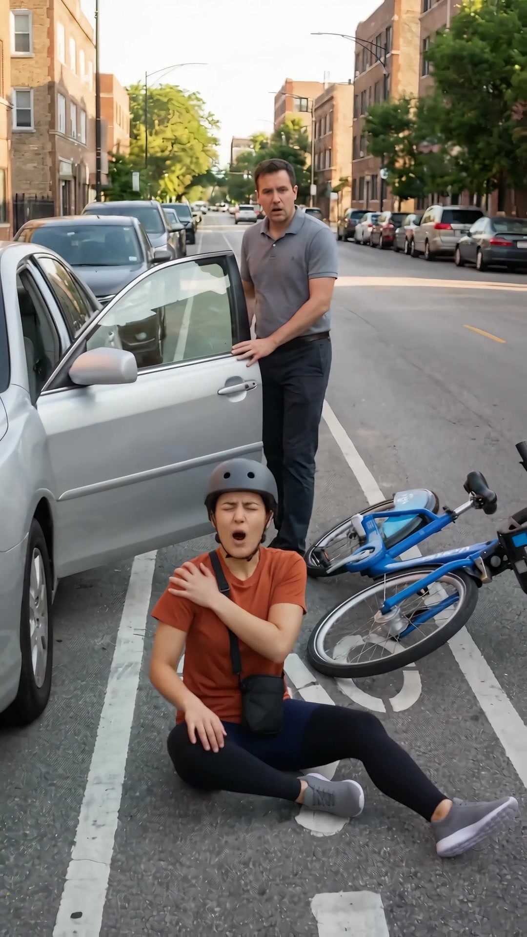 Cyclist down in a Chicago bike lane beside the open door of a parked car - Ankin Law