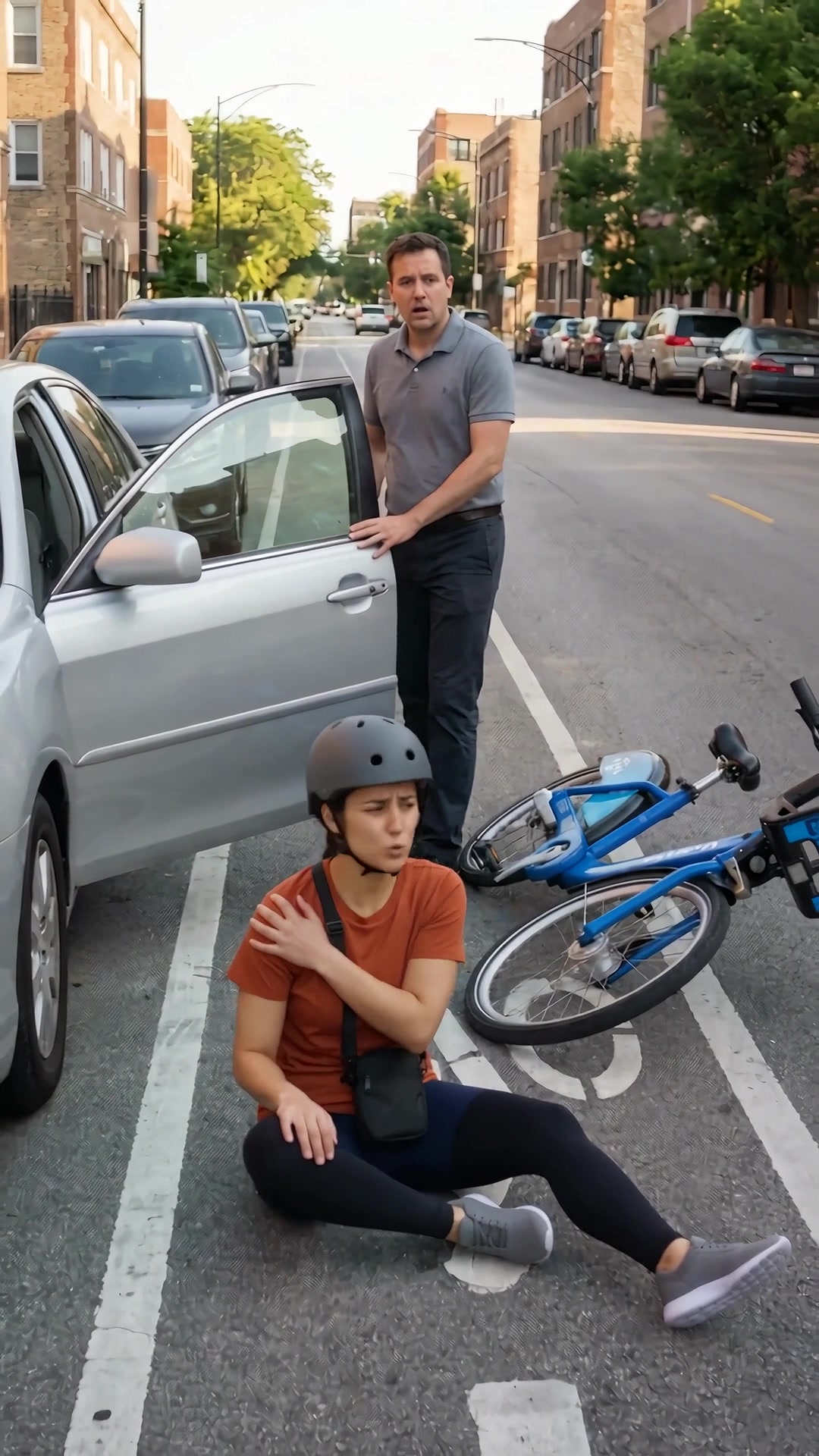 A parked car door swung open across a marked Chicago bike lane - Ankin Law dramatization
