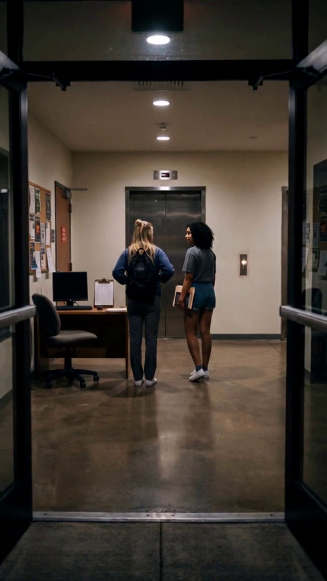 An empty residence hall lobby at night seen through the glass entrance doors, the front desk unstaffed - Ankin Law dramatization