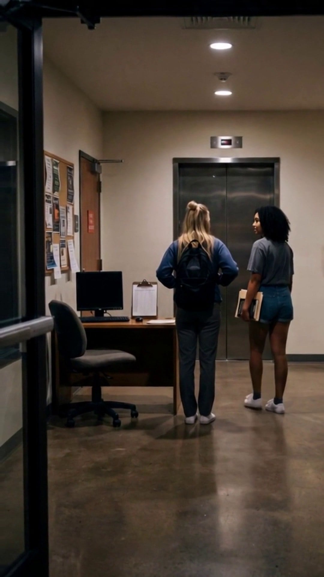 Two college students waiting at the elevator in a residence hall lobby late at night - Ankin Law dramatization