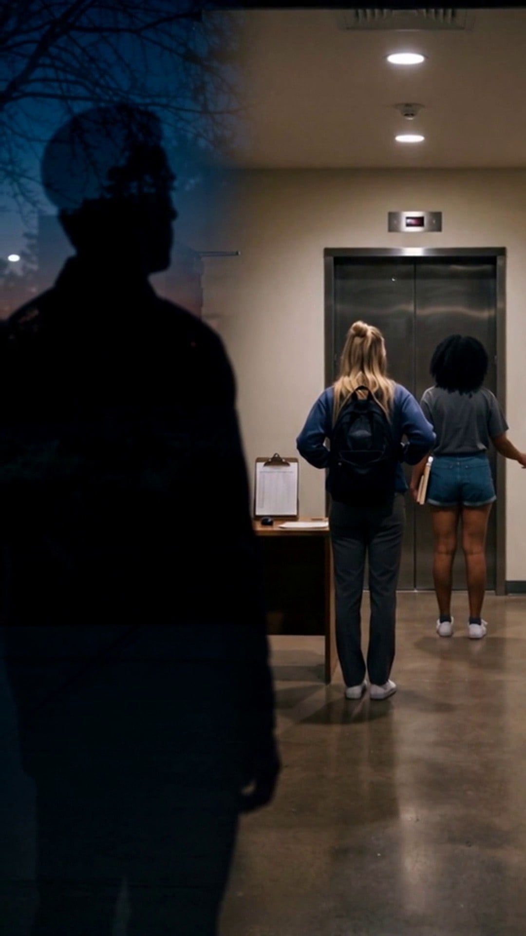 A dark figure standing at the glass entrance of a residence hall watching two students inside - Ankin Law dramatization