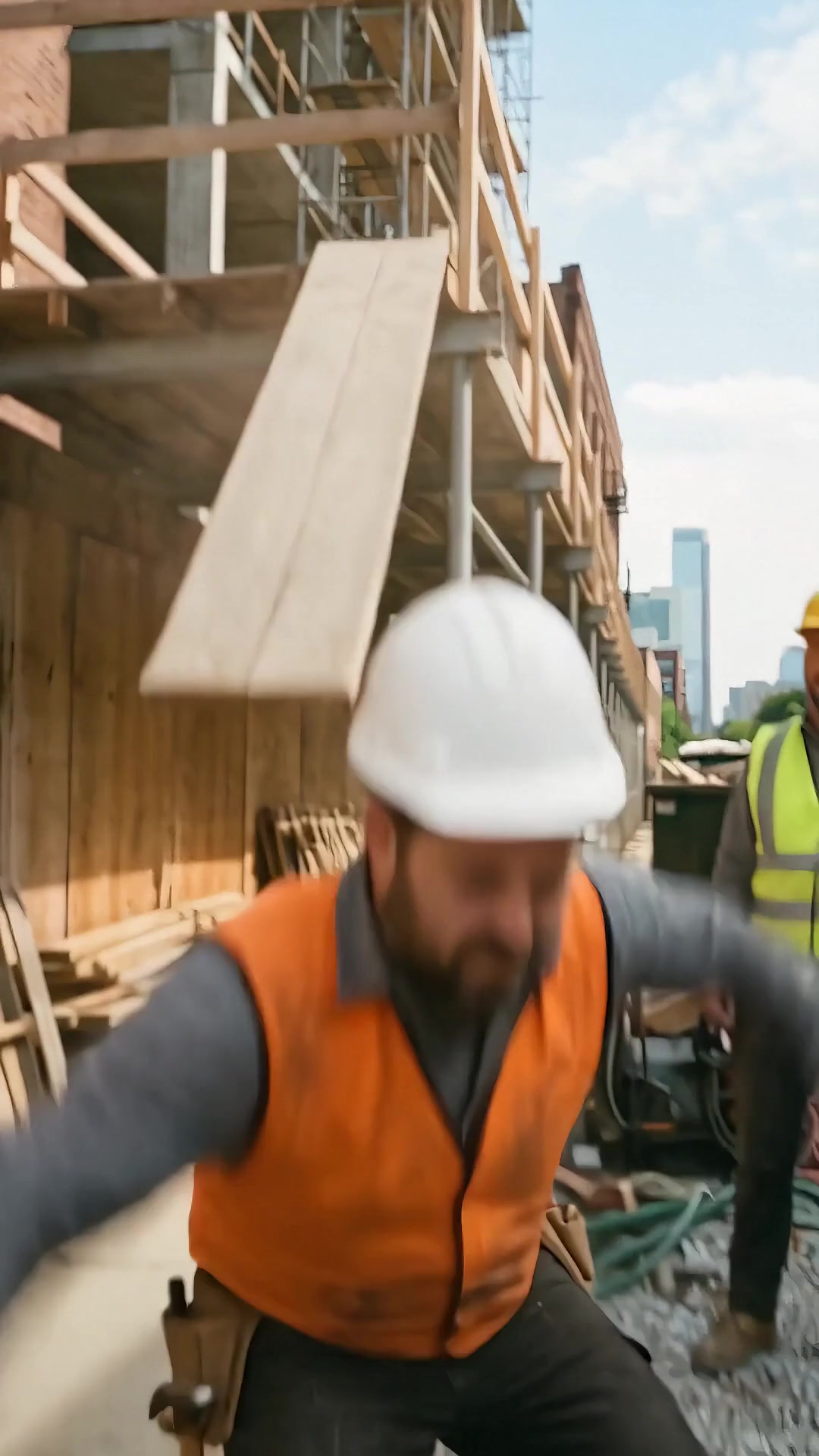 Unsecured scaffold plank tipping under a tradesman on a Chicago site - Ankin Law dramatization