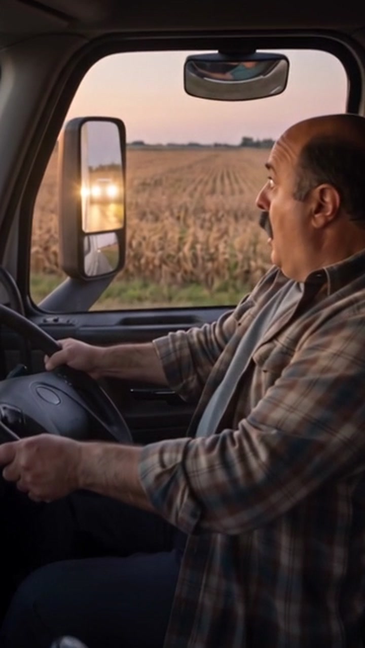 Truck driver watching headlights grow in his mirror on a rural Illinois highway at dusk - Ankin Law dramatization