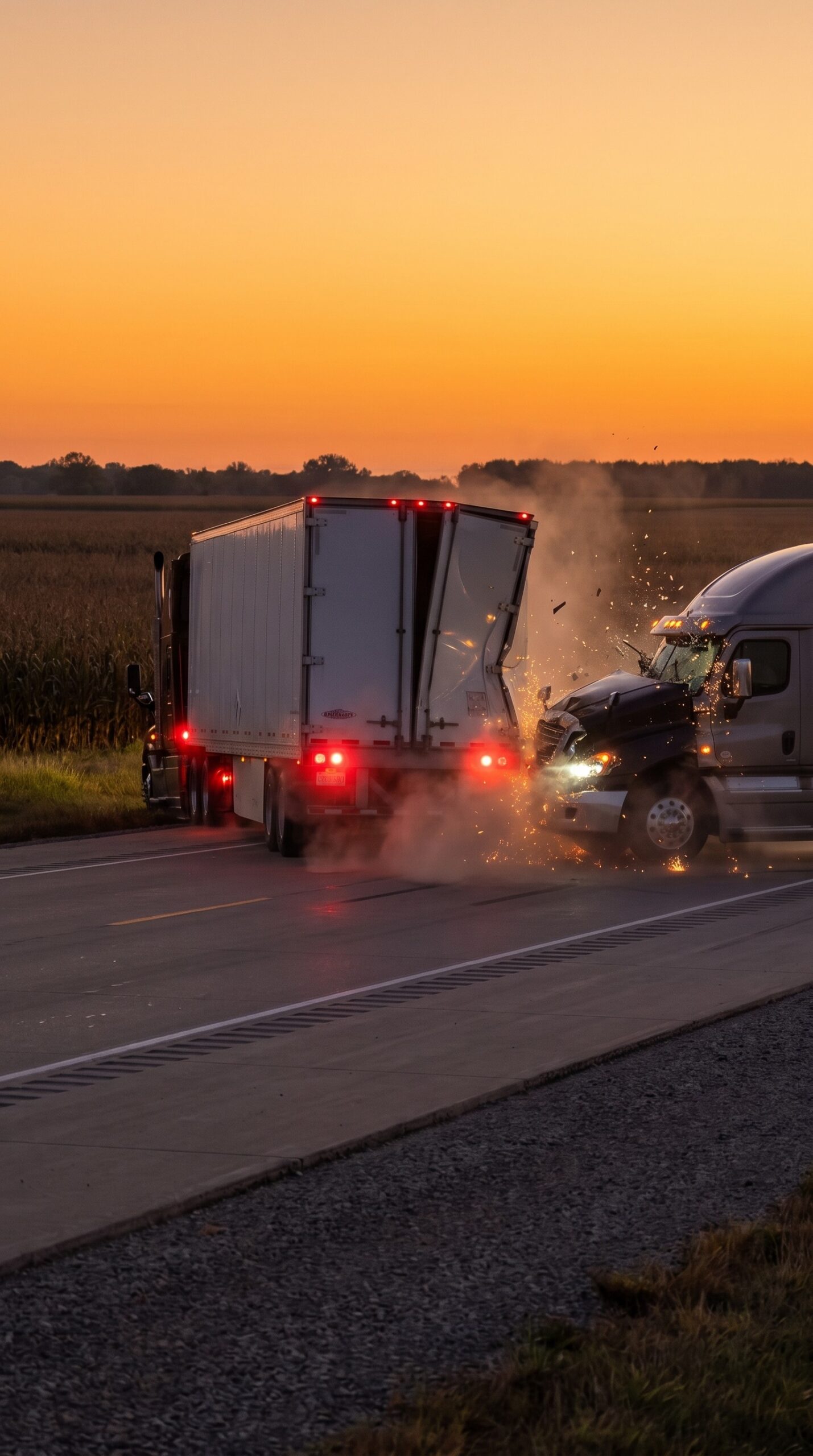 A semi truck slammed into the back of a trailer on a rural Illinois highway at dusk - Ankin Law dramatization