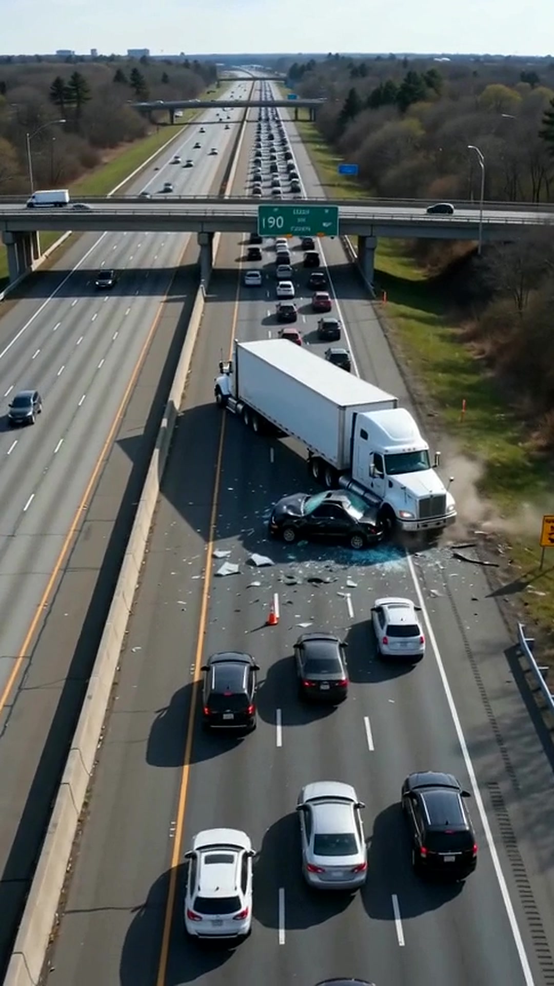 Aerial view of a semi truck and damaged car after a pileup on I-90 - Ankin Law