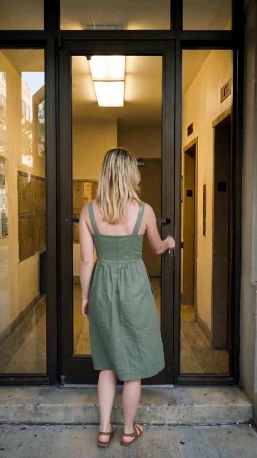 A resident reaching for the lock of a Chicago apartment building entrance at dusk - Ankin Law dramatization