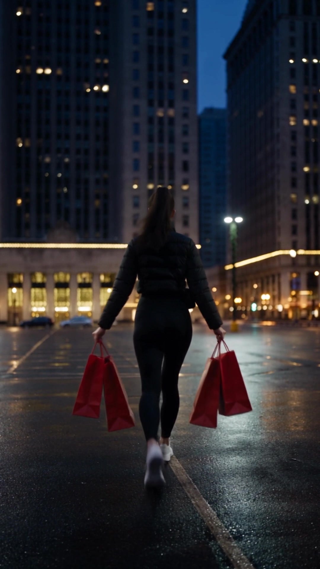 A young woman walking away across a wet parking lot with a shopping bag in each hand - Ankin Law dramatization