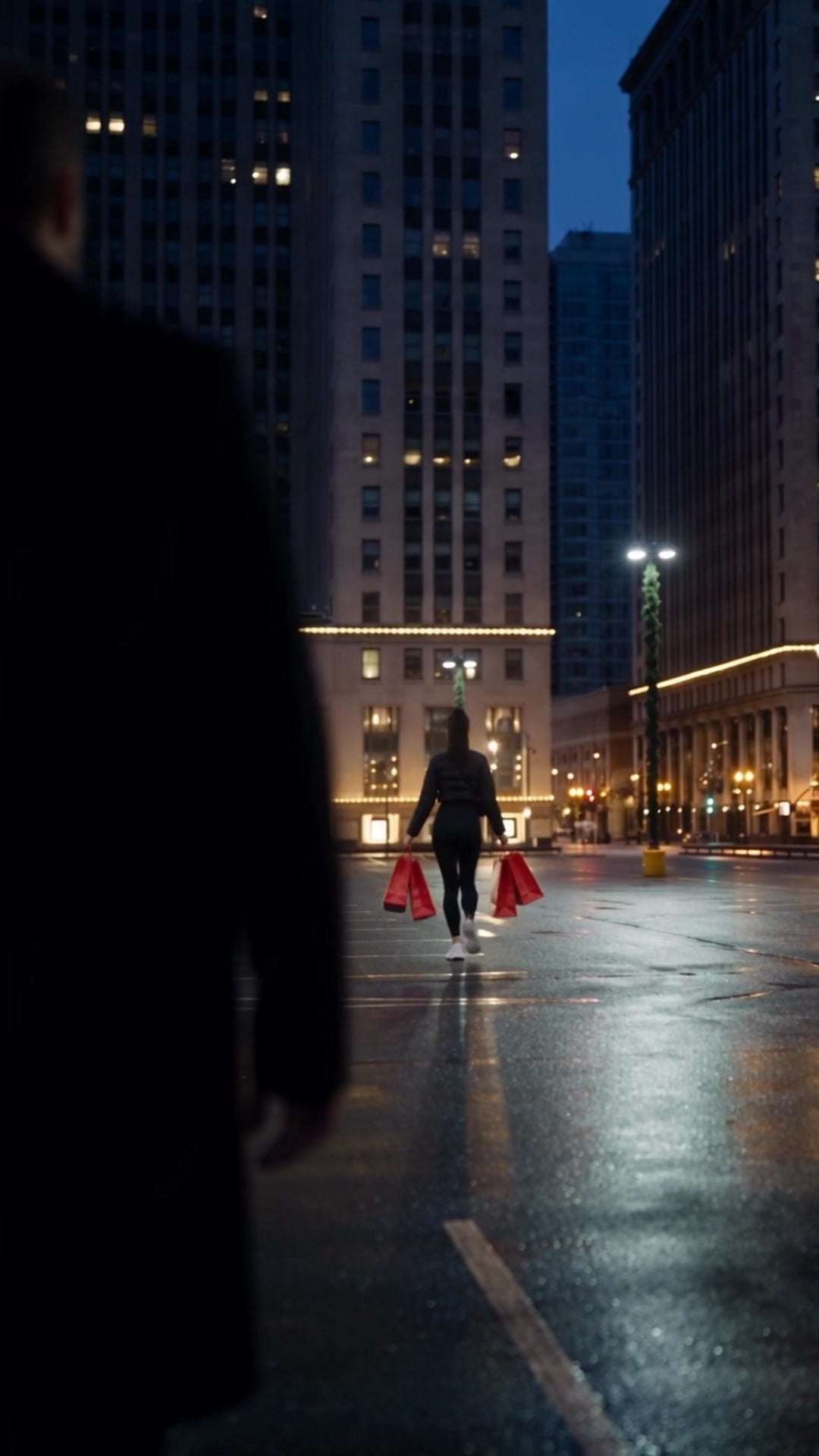 A man's dark silhouette in the foreground watching a woman cross a parking lot - Ankin Law dramatization